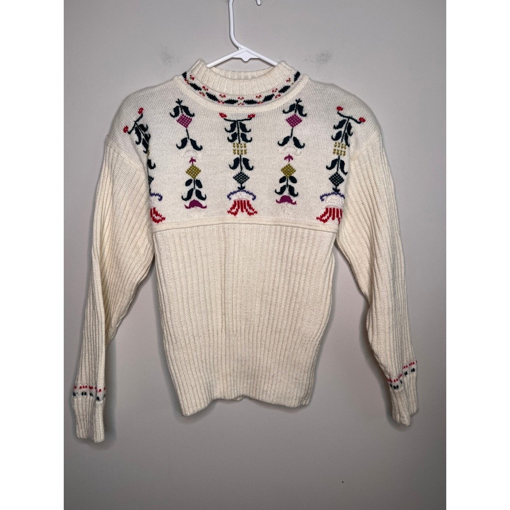 1980s Demetre Wool Blend Rainbow Prairie Floral Coquette Cottage Ski Sweater S